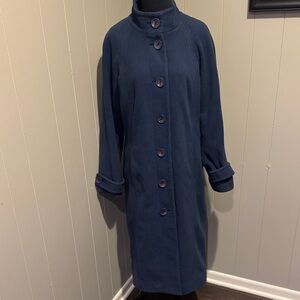 Travelsmith deep cornflower blue standup collar button front belted sleeve coat.